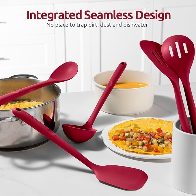 Silicone Kitchen Cooking Utensil Set: U-Taste High Heat Resistant 13.6in Long Kitchen Gadgets, BPA Free Non Stick Rubber Cook Accessories For Stir Frying, Serving, Basting, Mixing (5 Pieces, Red)