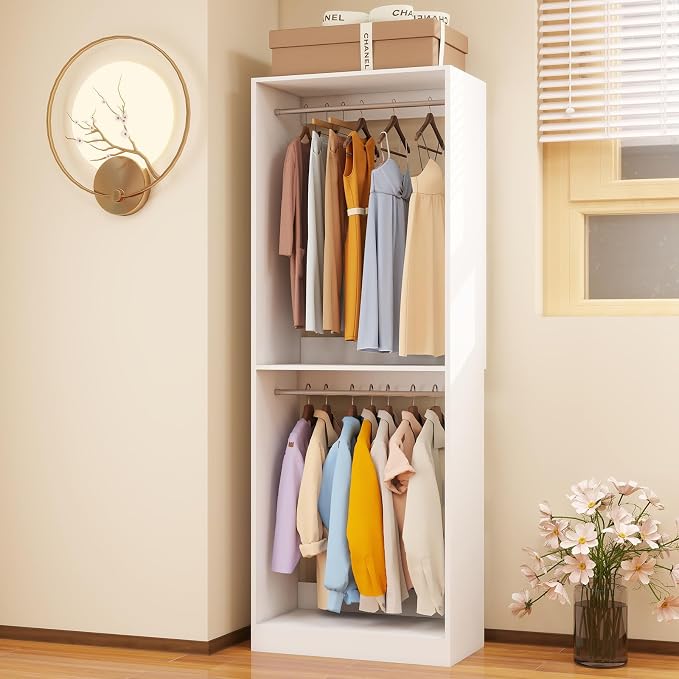 Closet System, 2FT Wood Closet Organizer System Small Walk-in Closet Standalone Corner Closets Shelf Storage with Hanging Rods, Modular Closet Systems White (2FT)