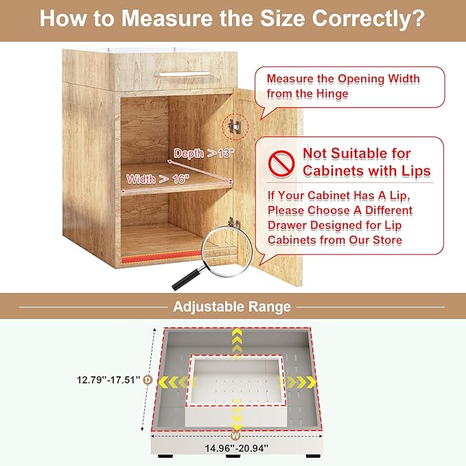 Pull out Cabinet Organizer,Width (16"-21") and Depth (13"-17") Expandable With 3 Rails,No Drill Adjustable Slide out Drawers for Kitchen,Pantry,Adhesive Roll out Shelves,for Cabinets Without Lip,White