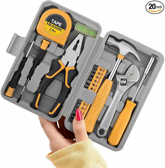 20 Pcs Basic Tool Kit, Compact Home Tool Set with Mini Tool Box, Ideal for Household Repairs, Office Maintenance, Simple DIY, General Tools User-friendly for Beginners, Women & Student(Yellow)