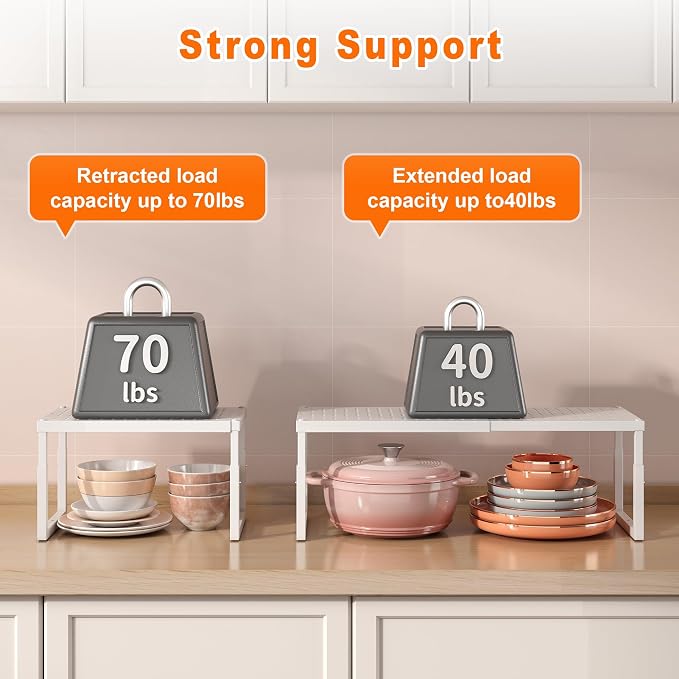 Shelf Organizer Riser For Cabinet Pantry Kitchen Countertop Cupbaord Closet | Expandable Width, Adjustable Height, Stackable As 2-Tier Shelf Rack, Snap-Button: Easily Adjust Height, Heavy Duty Metal