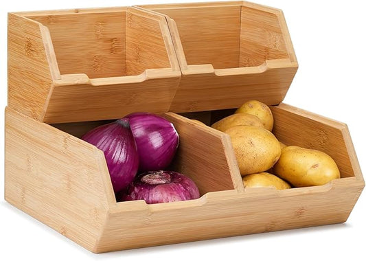 3 Pack Stackable Bamboo Pantry Storage Bins,Potato Onion Storage Bins | Fruit Food Storage Organizer ﻿ - Pantry Organizers for Kitchen Countertop, Food Storage Containers for Fruits Vegetables