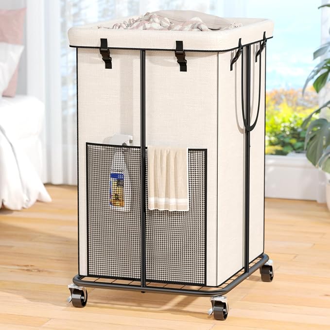 Laundry Hamper with Wheels, 150L Rolling Laundry Basket with Bag & Handles | Sturdy Metal Frame | Removable Bag | Large & Tall Dirty Clothes Hampers for Laundry Room, Bedroom, Dorm, Bathroom-White