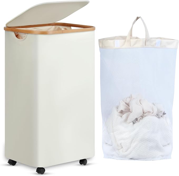 efluky Laundry Basket with Wheels, Tall Rolling Laundry Hamper with Lid and Removable Bag, Aesthetic Dirty Clothes Hamper on Wheels for Laundry Room, Bedroom, Dorm and Bathroom, 100L Black