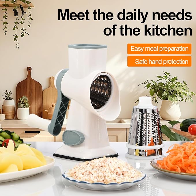Rotary Cheese Grater Manual Hand Crank 3-in-1 Vegetable Shredder | Finger-safe design, stainless steel drums, suction base. Perfect for cheese, vegetables, nuts & chocolate. Easy to clean