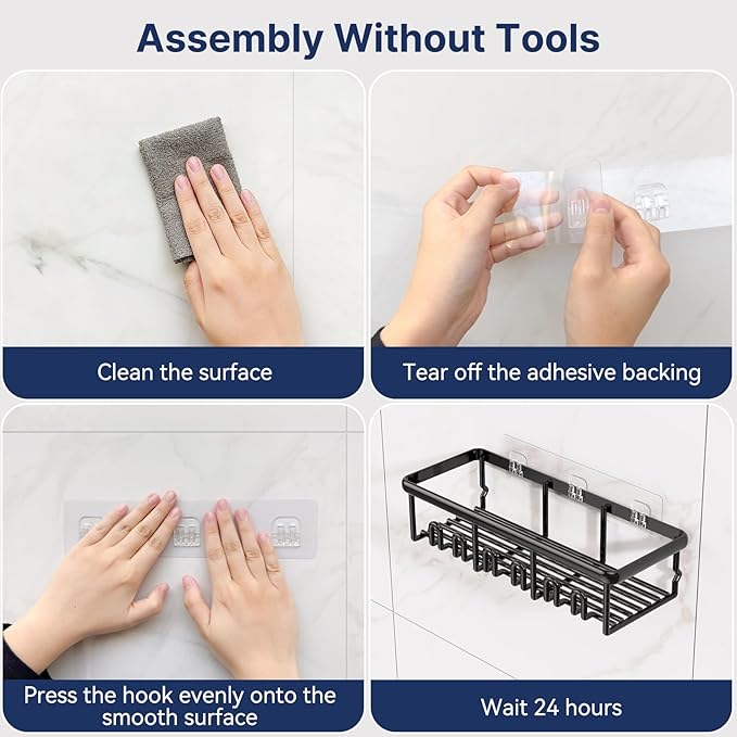 8 Pack Adhesive Rustproof Shower Caddy with Soap Dishes, Toothbrush Holder & Hooks, Large Capacity No-Drilling Shower Shelves Rack for Bathroom Organizers and Storage Accessories, Black
