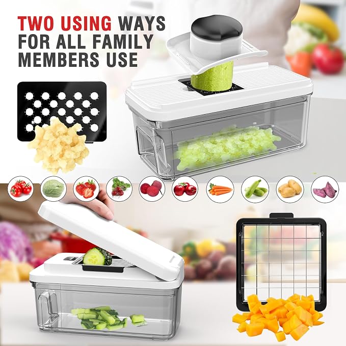 Food Chopper with Container, Veggie Chopper and Vegetable Chopper with 7 Stainless Steel Blades, Onion Chopper Dicer Cutter for Potato, Carrot, Garlic, Cubumber, Salad Meal Prep