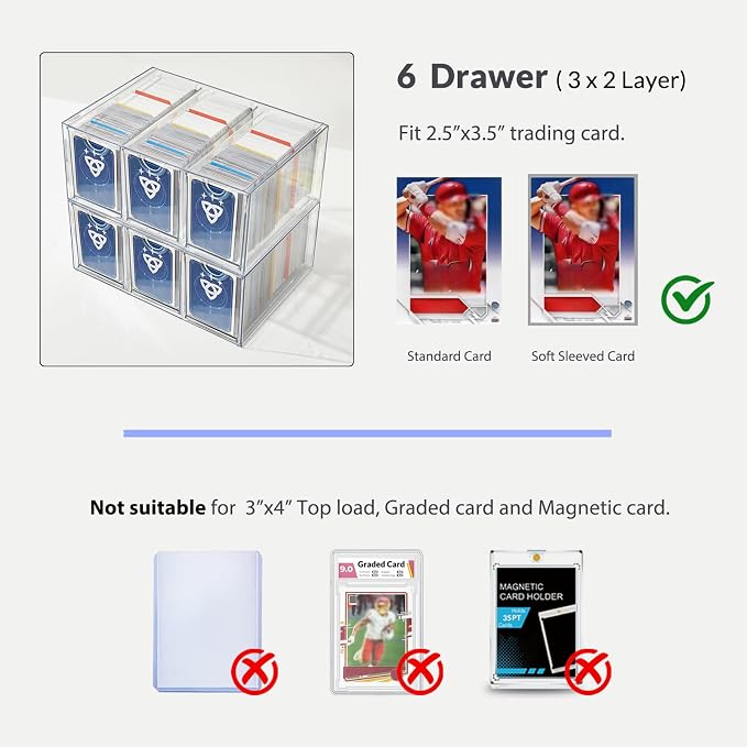 DEEIF 6 Drawer Trading Card Storage Box, 2200+ Cards Organizer with Divider, Clear Stackable Drawers for TCG, MTG, PTCG, Sports Cards (6 Drawer Card Box)