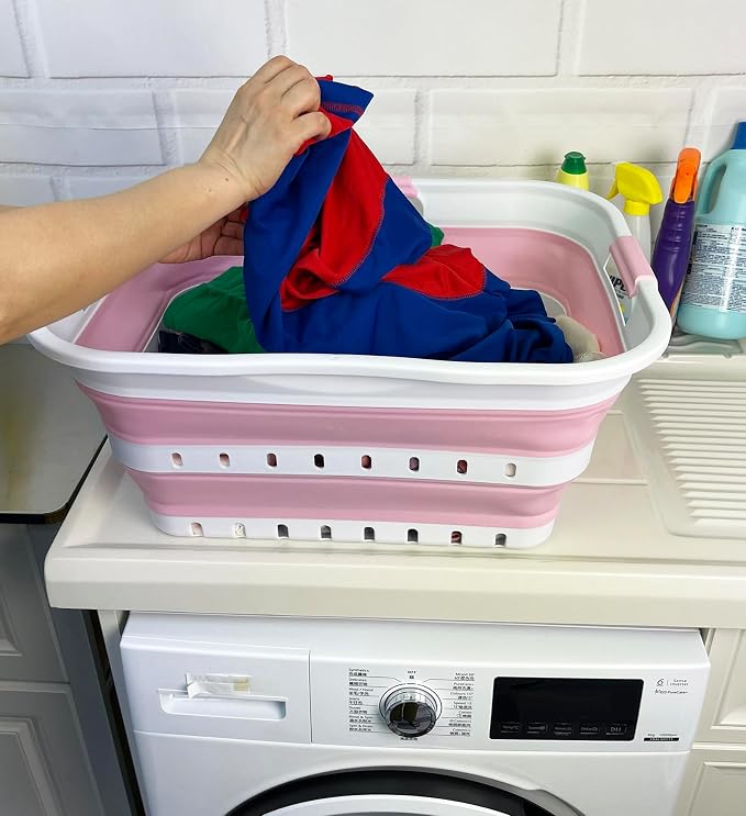SAMMART 42 (11 Gallons) Collapsible Plastic Laundry Basket, Foldable Pop Up Storage Container/Organizer, Space Saving Hamper, Portable Bin for Dorm Room Bathroom (2, White/Cherry Pink)