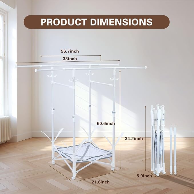 Foldable Clothes Drying Rack with Extendable Rod and Wheels | Folding clothes drying rack Double Rod Extendable 33.1–56.7 Inches,with Wheels, Sweater Drying Net, Hat Hanger