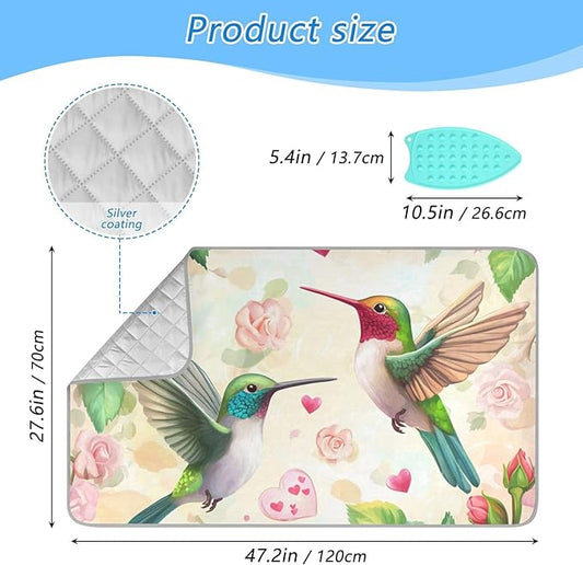 Ironing Mat &Pad Magnetic Heat Resistant Pads Portable Travel Ironing Blanket Ironing Board Covers 27.6x47.2Inches Hummingbirds Roses and Hearts01