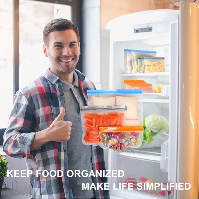 Lerine 16 Pack Stand-Up Reusable Snack Bags, Dishwasher Safe Leakproof Reusable Freezer Bags, BPA Free Food Storage Bags for Snacks, Meal Prep, Home Organization (Multicolor, 16Snack)