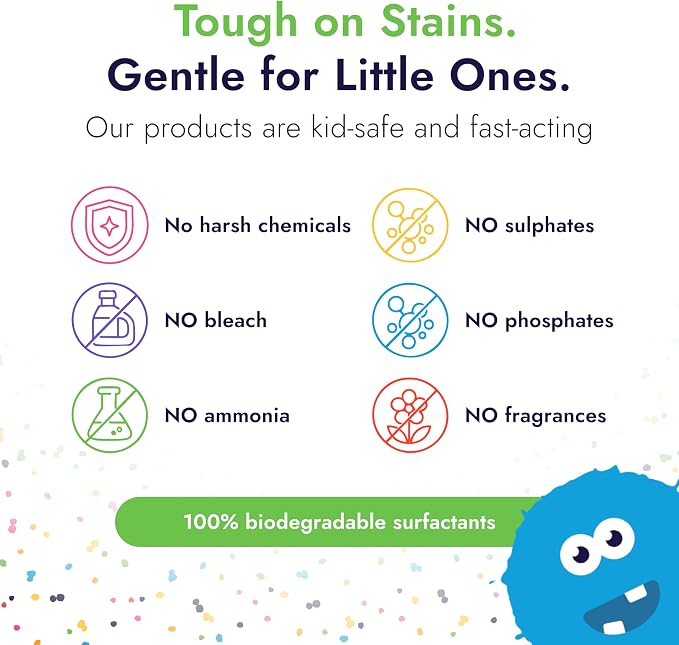 Little Monsters Mess Remover Foaming Brush, Kid-Friendly Stain Remover | 5 fl oz Foaming Laundry Stain Remover Brush; tackles tough stains on clothes, shoes, upholstery & more baby-safe formula