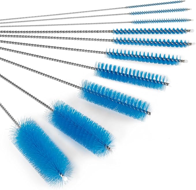 CiaraQ Bottle Cleaning Brushes, 8 Inch Nylon Tube Brush Set | Blue Cleaner for Narrow Neck Bottles Cups with Hook, Set of 10pcs.