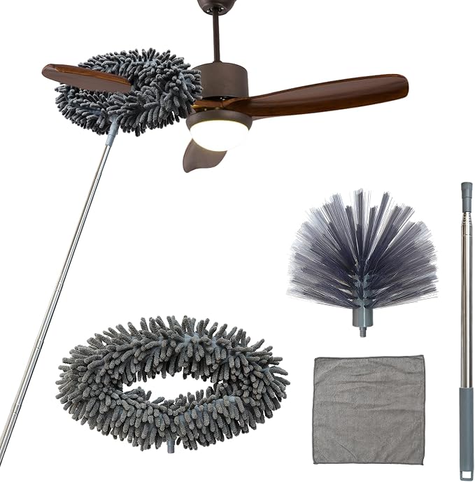 Ceiling Fan Cleaner Duster, Cobweb Duster with Extension Pole, Washable and Reusable Microfiber Duster Set for Cleaning Ceiling Fan, High Ceilings, Walls, Bookshelves, Window Door Top, Cobwebs (Gray)