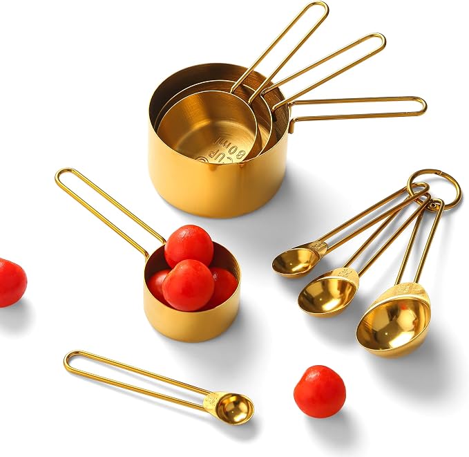 Gold Measuring Cups and Spoons Set, Stainless Steel Measuring Cups, 8 Piece Gold Kitchen Measuring Set, Engraved Measurements, Durable Nesting Design