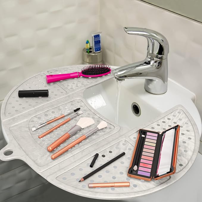 Sink Topper Bathroom Sink Cover for Counter Space, Standard White | Holds up to 7 lb on a steel frame; fits over basins to 19 in; 480°F silicone, hot tools; foldable makeup mat; RV, camper