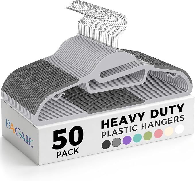 BAGAIL Plastic Hangers 50 Pack with Non-Slip Design,0.2 Inches Thick, 360°Swivel Hook Space Saving Organizer for Bedroom Closet,Shirts,Pants(Grey- S Shaped)