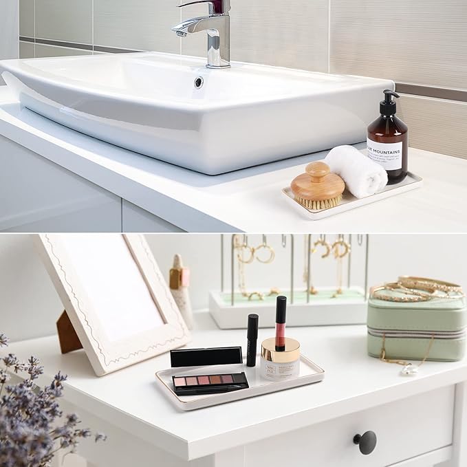 Gurygo 10" Bathroom Tray, Ceramic Vanity Trays for Bathroom, Small Ceramic Tray, Kitchen Soap Trays for Kitchen Counter (White with Gold-Edged, 10",Set/1)