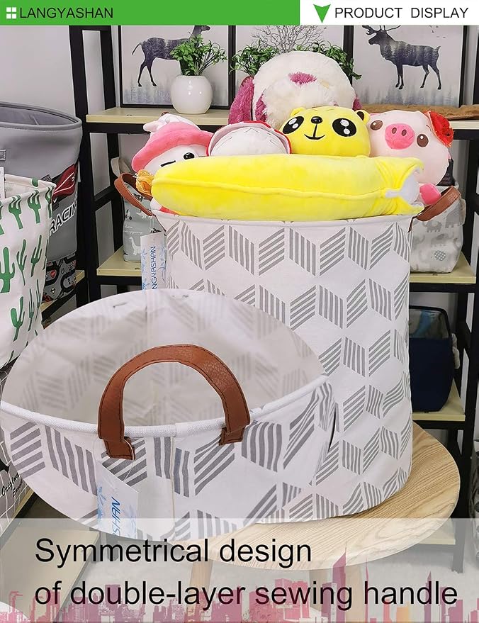 Round Laundry Basket Collapsible Storage Hamper Organizer Gery Wave | Waterproof Canvas Foldable Baskets with sturdy Handles Multi-scene Organizer for Home Play Bedroom Gift Bin
