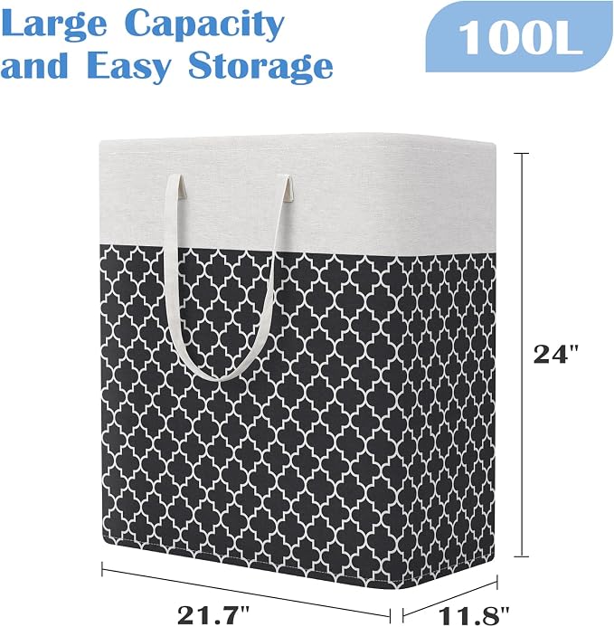 BlissTotes 3-Pack Laundry Basket, Collapsible Laundry Hamper, Black, 100L | Laundry Clothes Hamper, Hampers for Bedroom, Freestanding Hamper with Handles, Clothes Laundry Basket
