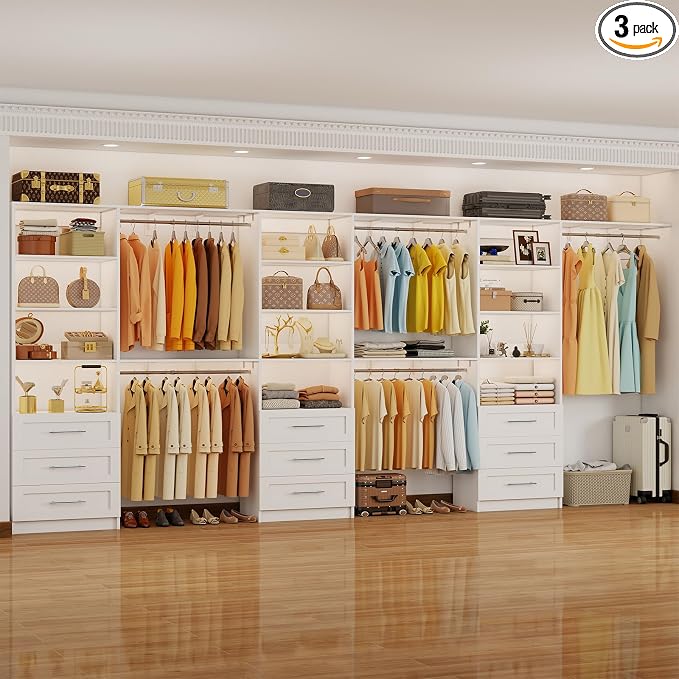 Closet System with 9 Drawers, 9-17FT Custom Closet Organizer System Wood with 9 Hanging Rods & Adjustable Shelves, Walk in Closet Organizer Shelving System, Modular Closet Systems Kits, 3 Sets, White