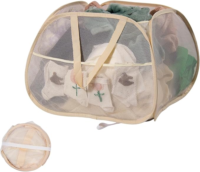Collapsible Laundry Basket, 90L Mesh Pop-up Hamper with Handles | Foldable Storage Clothes Bag for Laundry, Bathroom, Dorm, Travel, Camping, Space-saving, Beige