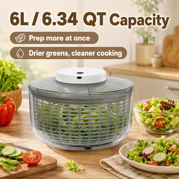 Electric Salad Spinner 6.34 Quart, USB Rechargeable Automatic Lettuce Spinner with One-Button Start, Large Capacity Vegetable Washer and Dryer for Kitchen, Salad Greens, Fruits, Herbs