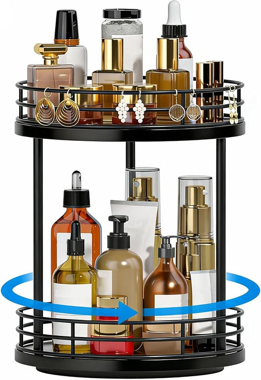 Bathroom Organizer Countertop,2 Tier Rotating Makeup Organizer Countertop for Vanity,Wooden Bathroom Counter Storage Shelf,Lazy Susan Turntable for Perfume,Skincare,Cosmetic (Black)