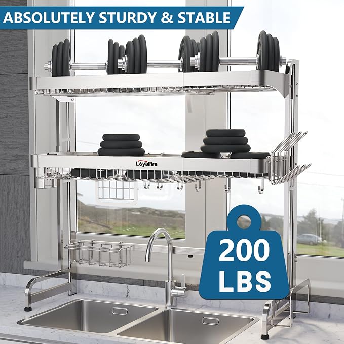Loyalfire Over Sink Dish Drying Rack, 3 Tier Adjustable Length (20.87'' to 37.6'') Full Stainless Steel Large Storage Kitchen Dish Rack, Expandable Drainer Shelf Rack with Multifunctional Organizers