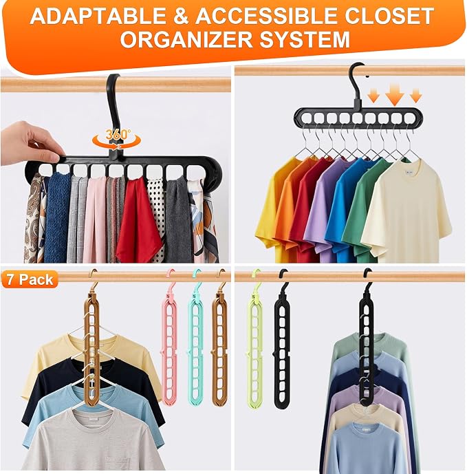 Magic Space Saving Hangers,7 Pack Multi-Functional Closet Organizers and Storage, 9-Hole Cascading Hanger, College Dorm Room Essentials for Guys, Heavy Duty Wardrobe Clothes Drying Rack for Shirts