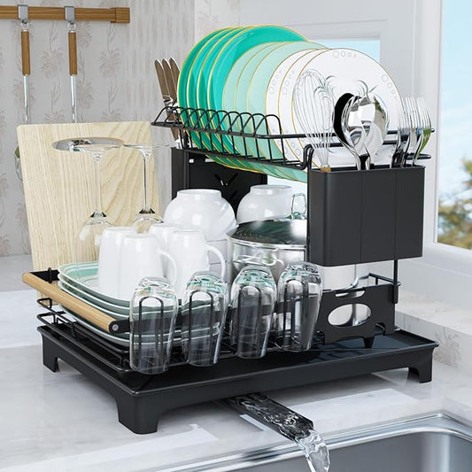 2-Tier Dish Rack Large Capacity Dish Drying Rack for Kitchen Counter Anti-Rust Dish Strainer with Drainboard, Cup Holder, Utensil & Cutting Board Organizer, Heavy Duty Metal, Black
