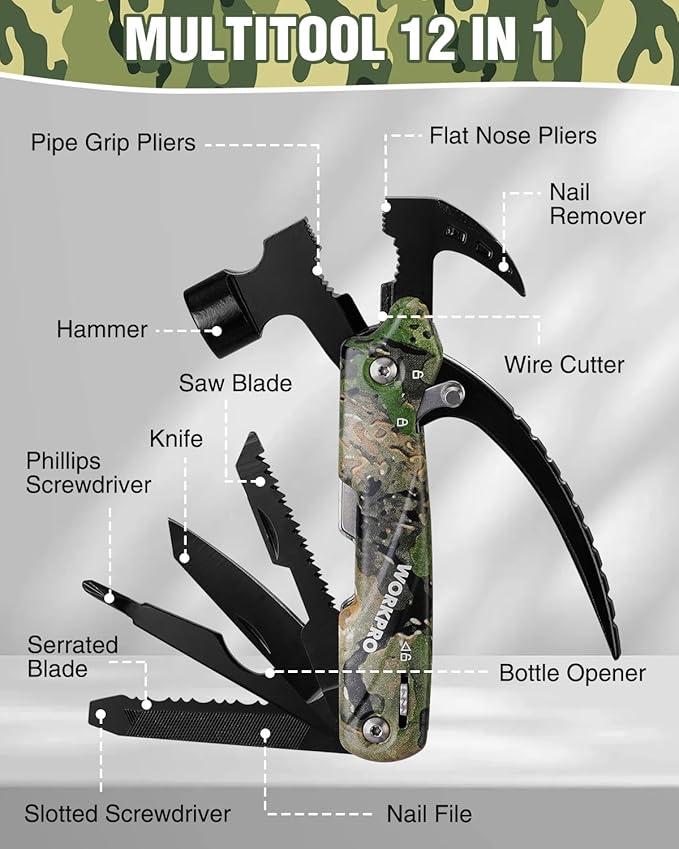 WORKPRO 12 in 1 Camping Tools with Mini Hammer | EDC Gear Multi Tools Hammer with Safety Lock and Pouch-Mini Multitools Gifts for Men and Women-Camouflage