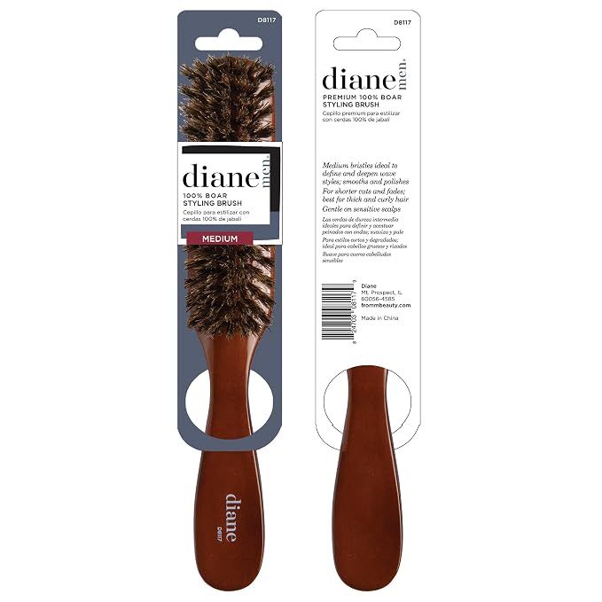 Diane Premium 100% Boar Bristle Styling Brush for Men and Barbers – Medium Bristles for Thick Coarse Hair – Use for Detangling, Smoothing, Wave Styles, Soft on Scalp, Restore Shine and Texture