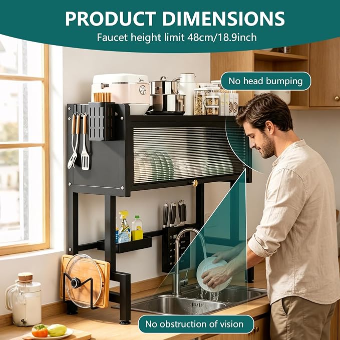 Over The Sink Dish Drying Rack, 3-Tier Carbon Steel Kitchen Storage Cabinet with Cover, 33.46" Heavy-Duty Large Capacity Dish Drain Shelf for Kitchen Sink Organization