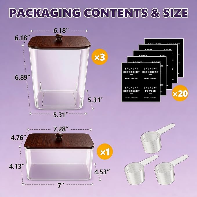 3+1 Pack Brown Laundry Pods Container, Clear Laundry Room Organization Containers Essentials, Large Detergent Powder Storage Containers Wooden Lids & Labels Signs