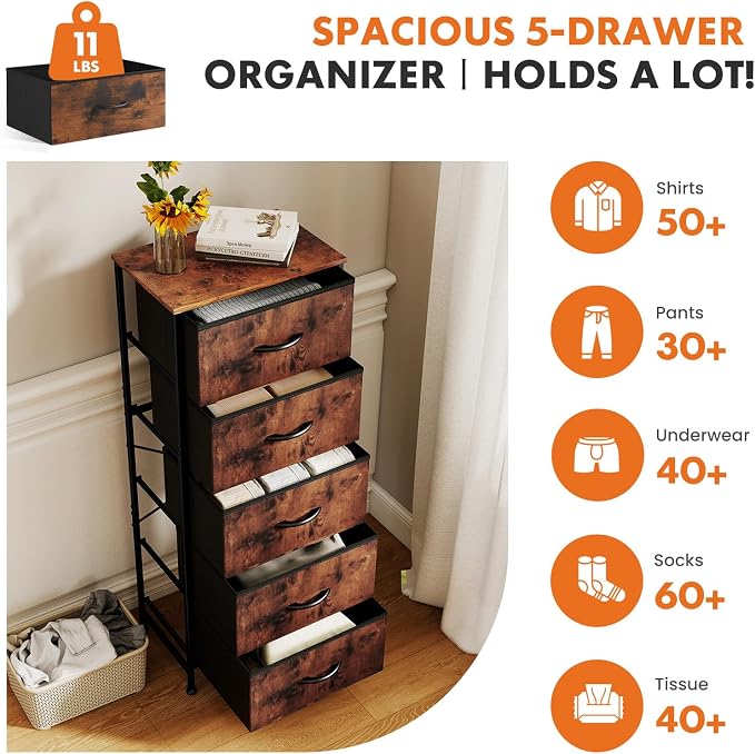 Sweetcrispy 5 Storage Drawer Bedroom Dresser, Tall Dresser for Organizer | Chest of 5 Drawers for Home Storage, Narrow Nightstand, Durable Clothes Oragnizer, Sturdy Frame and Wooden Top, Brown