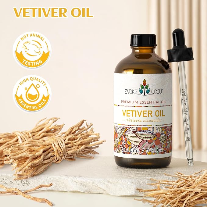 EVOKE OCCU Vetiver Essential Oil for Skin, Diffuser, Aromatherapy | Strong Smell for DIY, Candle Soap Making Scent, Suitable for Room, Home, Office - 4 fl oz / 118 mL