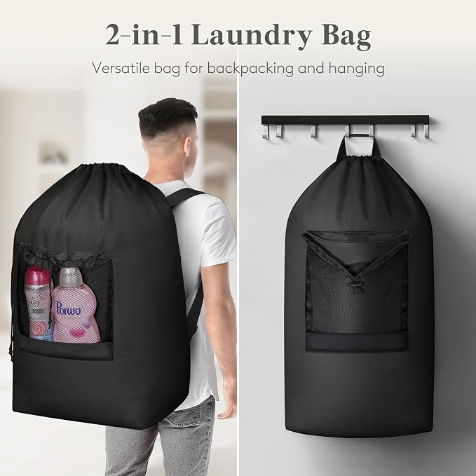 Lifewit Laundry Bag Backpack Travel, 105L, Black | Extra Large Bag with Shoulder Straps and Mesh Pocket for Laundromat, Heavy Duty Basket for Dirty Cloth College Dorm Apartment