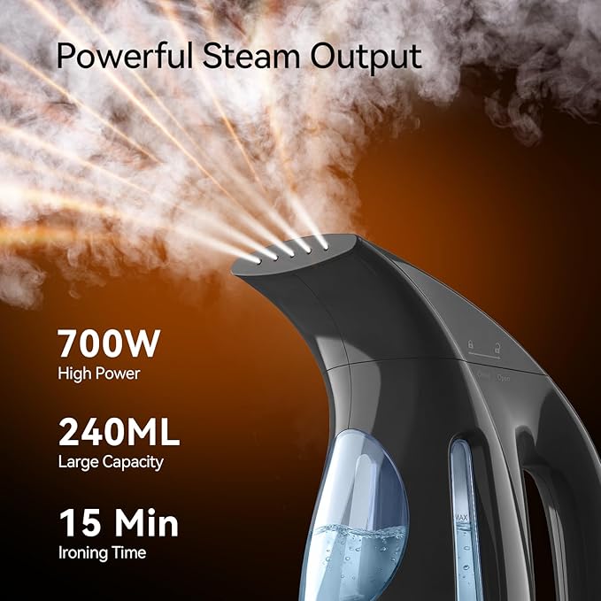 HiLIFE Steamer for Clothes, Portable Handheld Garment Wrinkle Remover, 240ml Big Capacity, 700W, Strong Penetrating Steam, for Home, Office and Travel, ONLY FOR 120V, Ink Black