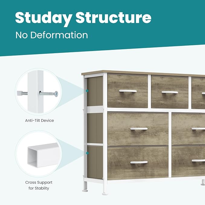 OLIXIS 7 Drawers Fabric Dresser for Bedroom, Storage Tower Organizer | Living Room & Entryway, Sturdy Steel Frame, Wooden Top & Easy-Pull Bins, Closet Chest for Clothes, Oak Greige