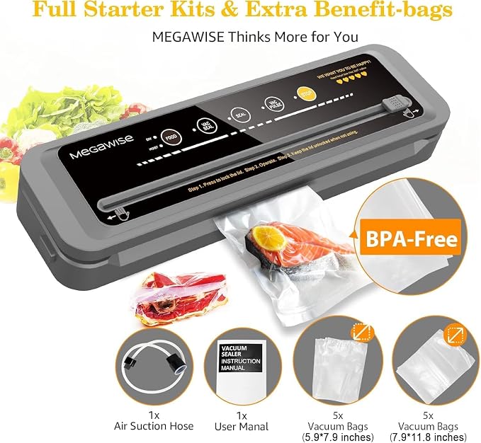 MegaWise Vacuum Sealer Machine | 80kPa Suction Power | Vac Seal Machine | Bags and Cutter Included|Compact One-Touch Automatic with External Vacuum System|Dry Moist Fresh Modes for All Saving needs