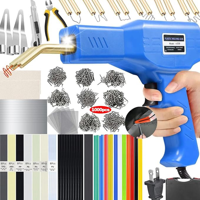 Upgraded 220W Plastic Welder, 2 in 1 Plastic Welding Repair Welder Kit 1000PCS Hot Stapler Soldering Gun with 100PCS Plastics Welding Rods Car Bumper Repair Kit for Most Plastics(Blue)