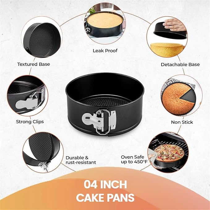 RFAQK 4 Inch Mini Cheesecake Pans Leakproof, 4pcs Small Nonstick Springform Pans with Removable Bottom, Includes 50pcs Parchment Papers, E-Book, Perfect for Baking Mini Cakes, Pizzas, Quiches & More!