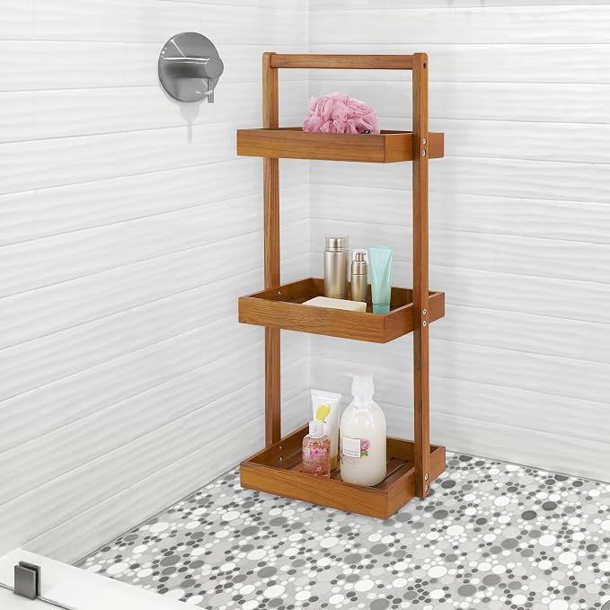 Utoplike Teak Shower Caddy Corner, Standing Organizer Shelf with Handle | 3 Tier with Handle, Wood Bathroom Stand Up Caddy Basket for Shampoo, Rack for Inside Shower, Bath, Office, Kitchen Desktop