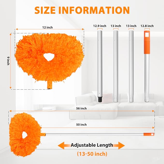 FONUNO Ceiling Fan Cleaner Duster High Ceiling Extended Fan Blade Cleaner | Reusable Microfiber Ceiling Fan Duster with Extension Handle from 13 to 50 Inch for Furniture Bookshelves Wall Door, Orange