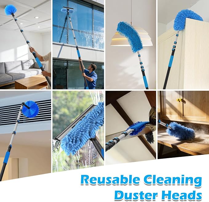 25FT Reach High Ceiling Duster Kits with 5-20FT Adjustable Pole - Includes Extra Long Duster, High Ceiling Duster, Rotatable Window Squeegee & Cobweb Duster for Ceiling Fans and Whole House Cleaning