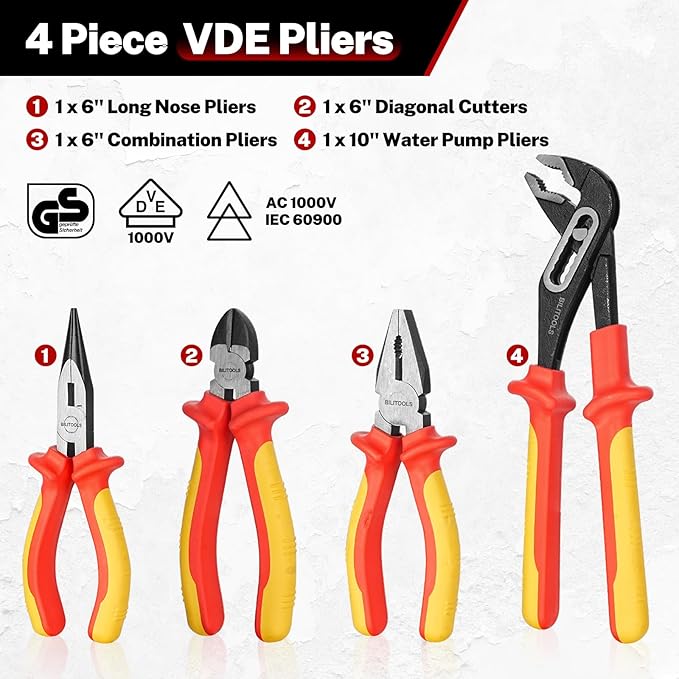 BILITOOLS 12-Piece 1000V VDE Insulated Screwdriver and Pliers Set | Magnetic Slotted and Phillips Tips, Insulated Long Nose, Combination, Diagonal and Water Pump Pliers, Voltage Tester