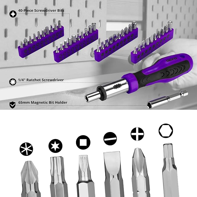 DEKOPRO Tool Set: 228 Piece Home Tool Kit, Household Basic Repair Tool Set Comes with Storage ToolBox, Socket Wrench Set for Car, Hand Tool Box Set for Home - Purple