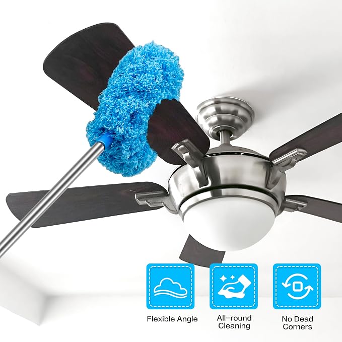 Ceiling Fan Cleaner Duster Reusable Microfiber Ceiling Fan Blade Cleaner Removable Duster with Extension Pole Adjusts 13 to 49.7 Inch for Cleaning Walls Bookshelves Furniture Door Window Top (Blue)